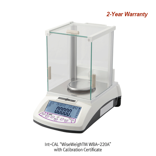 SciLab® [d] 0.1mg, max.220g Calibration Certificated Standard Analytical Balance, Φ80·90mm Weighing PlateExt-CAL “WBA-220”, Auto Int-CAL “WBA-220A”, with Glass Draft Shield, Backlit LCD, Counting Function, Various Weight Mode“Ext-CAL 외부 보정형” & “Int-CAL 자동