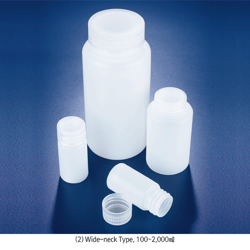 Azlon® 100~2,000㎖ HDPE Popular Bottle, with PP Screwcap, Narrow- & Wide-neckGood Chemical Resistance, Non-autoclavable, 105/120℃, HDPE 세구&광구병