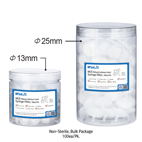 Wisd Syringe Filter, MCE·Nylon·PES·PTFE-·PVDF, Hydrophilic/Hydrophobic, 0.22 & 0.45㎛, Φ13/25mmWith PP Housing Shell, Ideal for Sample Purification, Sterile & Non-sterile, 시린지 필터, 멸균 & 비멸균