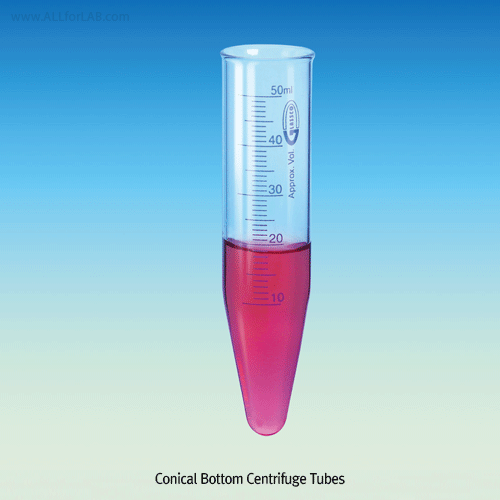 Blue Graduated Centrifuge Tube, with Conical- or Round-Bottom, 5~100㎖With Precise Scale, Boro-glass 3.3, 글라스 원심관