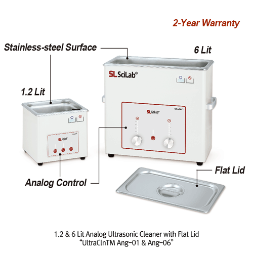 SciLab® Analog Ultrasonic Cleaner “UltraClnTM Ang”, Timer/Temp. Output Controller, with Certi. & Traceability, 1.2~22 LitWith Stainless-steel Flat Lid, Highly Effective Cleaning, up to 85℃, 0~30min, 40kHz Frequency, without Basket