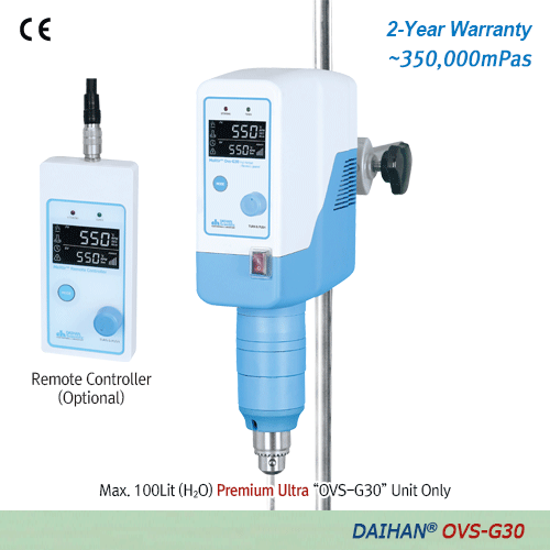 DAIHAN® PREMIUM Ultra Hi-Torque Overhead Stirrer “OVS-G30” , with Hi-Capacity BLDC-motor, Max. 60:1With Planetary-gear, Torque(Ncm)·Viscosity(mPas)·Temperature(℃)·Real Time Display, Optional Remote ControlMax. 550rpm, 350,000mPas, 프리미엄 초고점도용 교반기 , 고사양 BLD