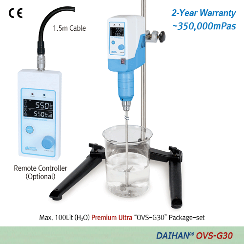 DAIHAN® PREMIUM Ultra Hi-Torque Overhead Stirrer “OVS-G30” , with Hi-Capacity BLDC-motor, Max. 60:1With Planetary-gear, Torque(Ncm)·Viscosity(mPas)·Temperature(℃)·Real Time Display, Optional Remote ControlMax. 550rpm, 350,000mPas, 프리미엄 초고점도용 교반기 , 고사양 BLD