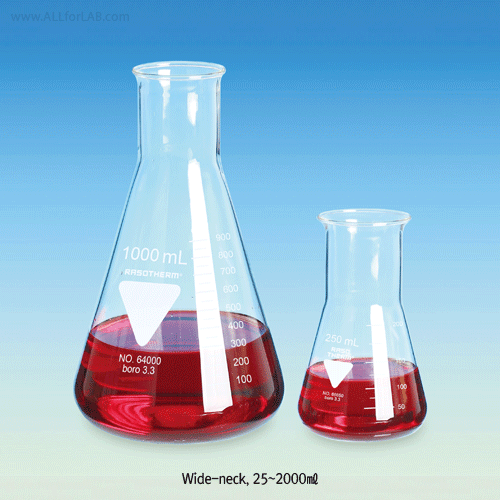 RASOTHERM® Popular Glass Erlenmeyer Flask, Narrow- & Wide-neck, with Graduation, 50~2000㎖ Made of Borosilicate-glass 3.3, Autoclavable, Useful for Heating & General-purpose, 표준형 삼각플라스크