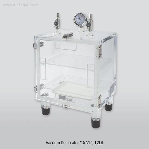 SciLab® 7~48Lit Vacuum PMMA Desiccator, Clear, with Press-Gauge With Upper- or Front-Door, Approx - 1 Torr / 133Pa, [Korean-made], 진공 데시케이터