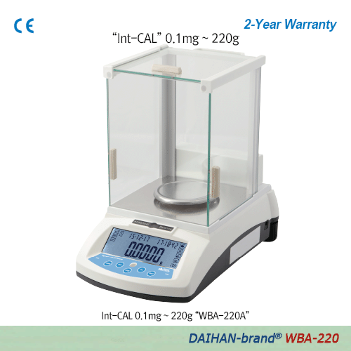 DAIHAN® [d] 0.1mg, max.220g Calibration Certificated Standard Analytical Balance, Φ80 · 90mm Weighing PlateExt-CAL “WBA-220”, Auto Int-CAL “WBA-220A”, with Glass Draft Shield, Backlit LCD, Counting Function, Various Weight Mode“Ext-CAL 외부 보정형 ” & “Int-CAL
