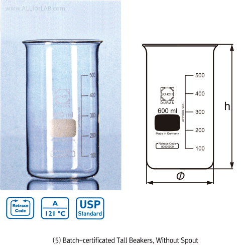 DURAN® Hi-grade Batch-certificated Tall Beaker, 50~2,000㎖Boro-glass 3.3, with Graduation, with/without Spout, DIN/ISO, 고품질 유리 톨비커