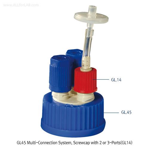 DURAN® GL45 Multi-Connection System, Screwcap with 2or3-Ports(GL14), For all GL45 BottlesWith 2 or 3 Ports (GL 1 4), od.Φ 1 .6~6.0mm Tube Using for Connection, Autoclavable, GL45 멀티 커넥터캡