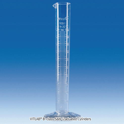 VITLAB® SAN Graduated Cylinder, Glassy-clear, B-class, 1 0~2,000㎖With Hexagonal Base and Raised Scale, -40+70℃, SAN 투명 메스실린더, B 급