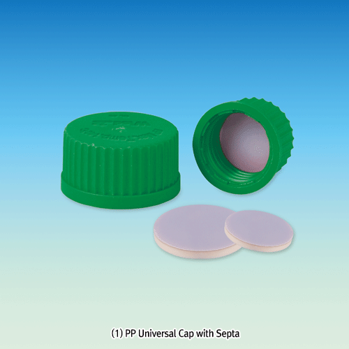 PTFE/Butyl-Septa Sealed PP Uni-Cap and Opentop & Membrane-Cap, for All DIN GL-Screw Necks of Bottle·Flask·TubeGood Chemical & Heat Resistance, 125/140℃ Stable, Autoclavable, DIN, GL14~GL45, 만능 GL 스크류캡 & 멤브레인캡