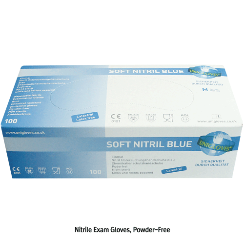 UniGloves® Nitrile Exam Glove, Powder-Free, Textured, L240mmWith Blue-color, Premium Grade AQL 1.5, 니트릴 장갑