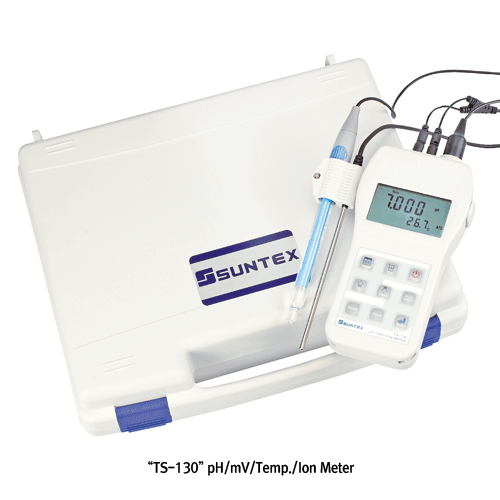 Suntex® Portable pH·mV·Temp·Ion Meter, “TS-100”, “TS-110”, “TS-130”, -2~16pH, ±1999.9mV, -10~110℃ With Large LCD Display, IP65 Water Proof, ATC with Temp. Probe, 휴대용 pH·mV·Temp·Ion 미터 세트