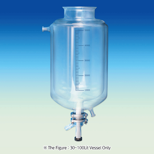 0.25 ~ 100 Lit Drain valved?Jacketed?Graduated Vacuum / Pressure Vessel, with 45°DN-flange/O-ring GrooveWith Perfect Compatibility, DURAN-glass, PTFE-valved/-GL connect, 0.5 ~ 2.5 bar, 자켓 밸브형 눈금부 진공 / 압력 베셀