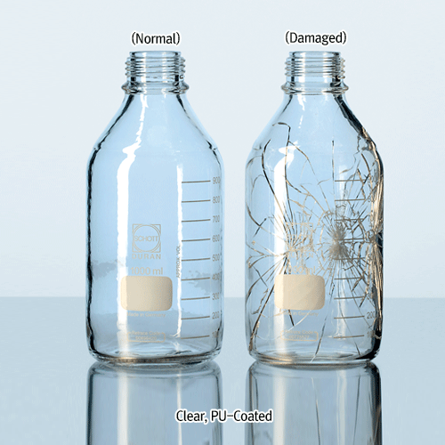 DURAN® Safety Plastic PU-Coated Lab Bottle, With/Without GL Cap & Pour-Ring, Clear & Amber, 25~20,000㎖Boro-glass 3.3, with Graduation & DIN GL-Screwthread, Autoclavable, -30℃~+135℃, 안전플라스틱 코팅 랩바틀