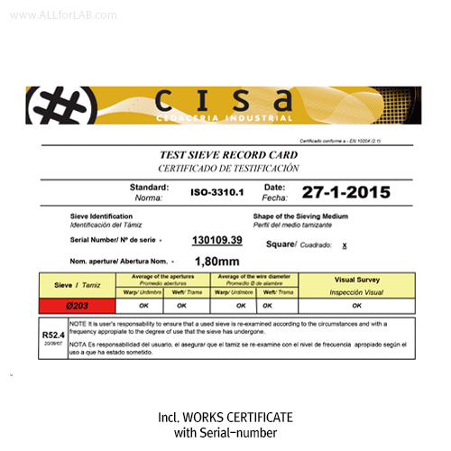 CISA® Φ203×h50mm Certified All Stainless-steel Standard Test Sieve, with WORKS CERTIFICATE & Wire Mesh-holes( ■ )With Serial-number, Multi-Use/-Function, ASTM/ISO Standard Best Seller!, 정밀 표준망체, 개별 “보증서” 포함