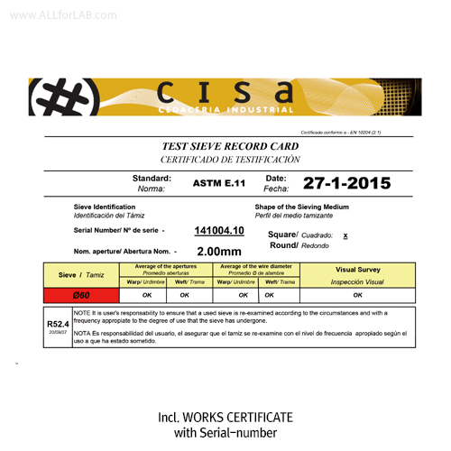 CISA® Φ60×h18mm Certified All Stainless-steel Standard Test Sieve, with WORKS CERTIFICATE & Wire Mesh-holes( ■ )With Serial-number, Multi-Use/-Function, ASTM/ISO Standard, 정밀 표준망체, 개별 “보증서” 포함