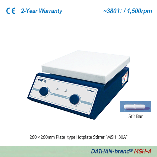 DAIHAN® 380℃ Standard Analog & Digital Hotplate Stirrer “MSH-A” & “MSH-D” , Ceramic-Coated Plate, 80~1,500 rpm180×180mm or 260×260mm Plate, with Accurate Temp. Control, Superior Temp. Uniformity, with Certi. & Traceability아날로그 & 디지털 가열 자력 교반기, 우수한 온도제어 · 