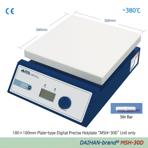 DAIHAN® 380℃ Standard Analog & Digital Hotplate Stirrer “MSH-A” & “MSH-D” , Ceramic-Coated Plate, 80~1,500 rpm180×180mm or 260×260mm Plate, with Accurate Temp. Control, Superior Temp. Uniformity, with Certi. & Traceability아날로그 & 디지털 가열 자력 교반기, 우수한 온도제어 · 