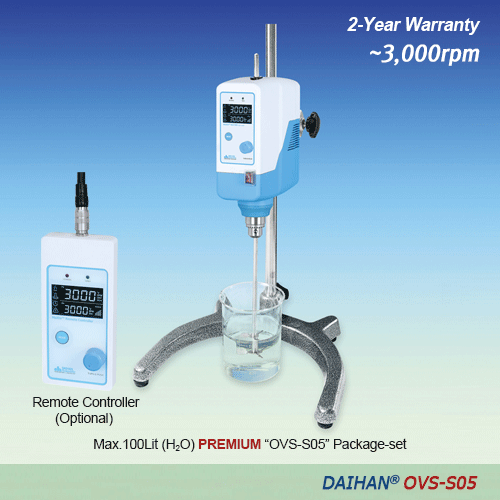 DAIHAN® PREMIUM Hi-Speed Overhead Stirrer “OVS-S05” , with Hi-Capacity BLDC-motor, 2:1, Max. 3,000rpmWith Torque(Ncm)·Viscosity(mPas)·Temperature(℃)·Real Time Display, Optional Remote Control, 50,000mPas, Max. 100Lit“Push-Through” Shaft(Φ10mm or Less), 프리