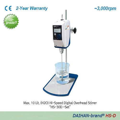 DAIHAN® High-Speed Digital Overhead Stirrer “HS-D” & “HS-T” , for Low-/Middle-Viscosity, Max.10·20LitWith “Push-Through” Shaft and Chuck grip Φ3~10mm, Flex-Coupling Φ6~12mm, Max. 3,000rpm, up to 5,000·10,000mPas디지털 고속 교반기, 저/중점도용, 사용교반봉 ; ① 기본은 Φ3~10mm, ②