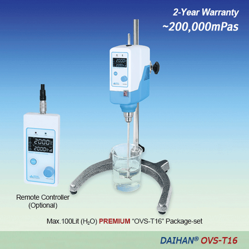 DAIHAN® PREMIUM Hi-Torque Overhead Stirrer “OVS-T16” , with Hi-Capacity BLDC-motor, Max. 14:1, 200,000mPasWith Torque(Ncm)·Viscosity(mPas)·Temperature(℃)·Real Time Display, Optional Remote Control, Max. 2,000rpm“Push-Through” Shaft(Φ10mm or Less), 프리미엄 중/