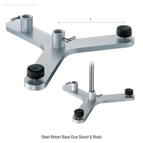 Steel Retort Base Duo Stand, for 2×Plain Rods of up to Φ16mm, without RodsWith Nonskid Feet equipped, 2×Level Screw Nut, and Base Thick-8mm, [ Germany-made ]
