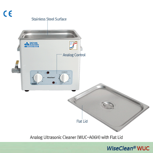 DAIHAN® Analog Ultrasonic Cleaner “WUC-A” , Timer/Temp. Output Controller, with Certi. & Traceability, 1.2~22 LitWith Stainless-steel Flat Lid, Highly Effective Cleaning, up to 85℃, 0~30min, 40kHz Frequency, without Basket초음파 세척기, 온도 및 시간 설정, 고효율, 다용도, 리드