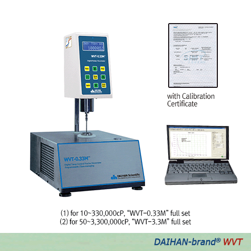 DAIHAN® Remote Temp. Control Rotary Viscometer-full Set “WVT-0.33M” & “WVT-3.3M” , 5~3,300,000cPWith Calibration Certificate & Spindle-kit(LV1~4) & (RV2~7), Lifting Stand, 0.1~100rpm, 온도조절 디지털 회전 점도계