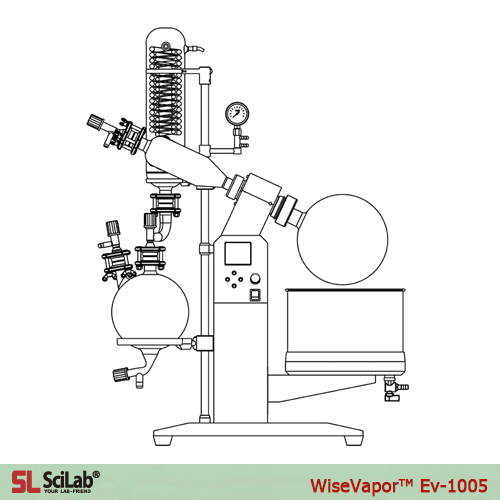 SciLab® 5 Lit Digital Rotary Evaporator “WiseVaporTM Ev-1005”, Large Capacity with Digital Controlled Stainless-steel Bath 99℃, Electric Lift Bath, Vertical-type, 20~140 rpm, 대용량 회전식 증발 농축기