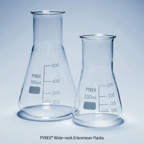 PYREX® Wide-neck Erlenmeyer Flasks, Wide-neck, 100~2000㎖ Good for Titration & General Purpose, DIN/ISO, 광구 삼각 플라스크, 적정용에 적합