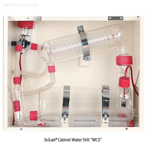 SciLab® Cabinet Water Still “WCS”, with Silica / Quartz Heater, Pyrogen-free, 4 & 8 Lit/hr, 1.2 ~ 2.0 ㎲/cm Suitable for Bench & Wall Mounting, Heat Resistant Borosilicate Glass Boiler, 케비넷형 증류수 제조기