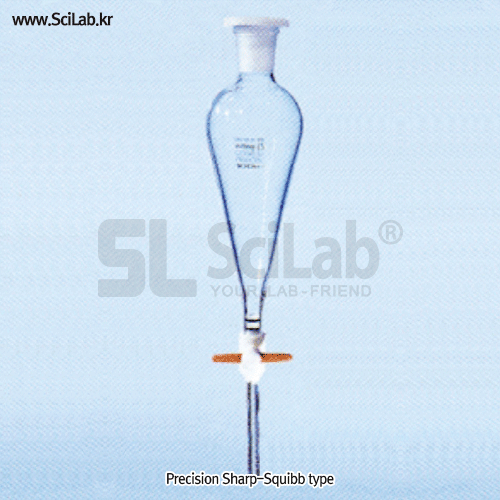 Separatory Funnels, Standard & Precision-Squibb types, with PTFE-plug & PE-stoppers<br>분액깔때기, PTFE콕, 표준형 & 정밀형, DURAN-α3.3 Boro. glass, DIN/ISO