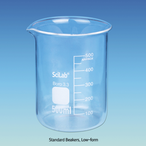 SciLab-brand® Popular Standard Glass Beakers, with Spout & Graduation, 50~2,000㎖ Made of Borosilicate-glass 3.3, Useful for Heating & General-purpose, Low-form, 표준형 유리 비커