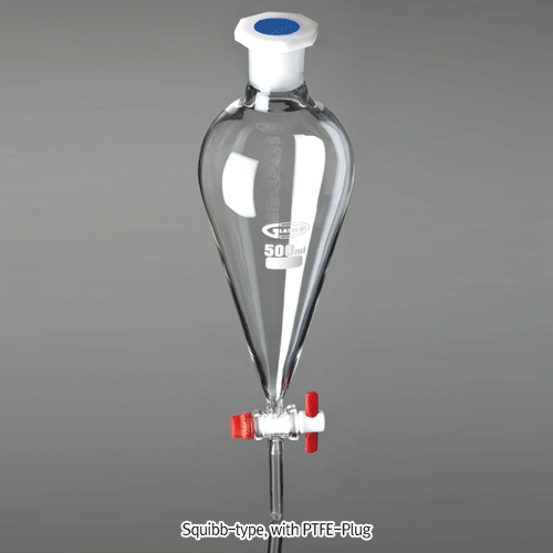 “Pear” & “Squibb” Separatory Funnel, with PP Stopper, 50~2,000㎖ with PTFE-Plug, Borosilicate Glass 3.3, 분액깔때기“- 피어형”과“ 스퀴브형”
