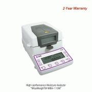 SciLab® [d] 1mg, max.110g High-performance Moisture Analyzer “WBA-110M”, 0.00~ 100.00 %, 40℃~199℃With 100g Cali. Weight, Back Light LCD, Counting Func., 3×displays of %(g)·℃·Time, & Ext-CAL Program, 초정밀/다용도 수분측정기