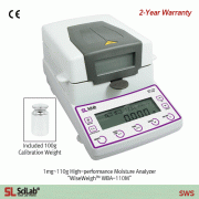SciLab® [d] 1mg, max.110g High-performance Moisture Analyzer “WiseWeighTM WBA-110M”, 0.00~ 100.00 %, 40~199℃ with 100g Cali. Weight, Back Light LCD, Counting Func., 3×displays of %(g) / ℃ / Time, & Ext-CAL program, 초정밀/다용도 수분측정기