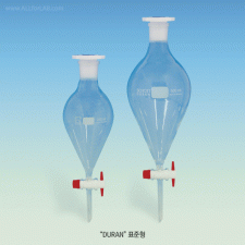 SciLab® Standard Squibb Pear Separatory Funnels, with PTFE-plug & PE-stoppers Made of DURAN Borosilicate Glass 3.3, DIN/ISO, 표준 스퀴브 피어형 분액깔때기