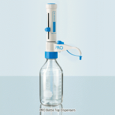 DURAN® PRO Bottle Top Dispensers, with Recirculation Valve, with Adjustable Intake Tube, for 0.5~5Lit. Bottles, 0.25~100ml<br>Glass -Piston & -Cylinder Covered with PP Sleeve / Discharge Tube Cap / Precise Screw Controller and Bottle<br>PRO 고급형 디스펜서, 역류방지