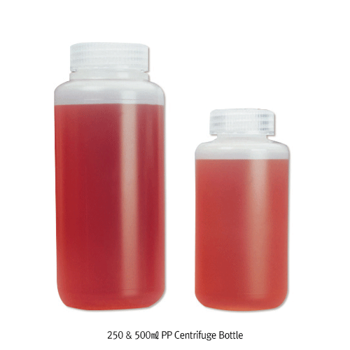 250 & 500㎖ PP Centrifuge Bottles, with Screwcap, Autoclavable, 13,200xg & 13,700xgExcellent Chemical Resistance, Translucent, -10℃+125/140℃,  PP 원심관(병)/大광구병