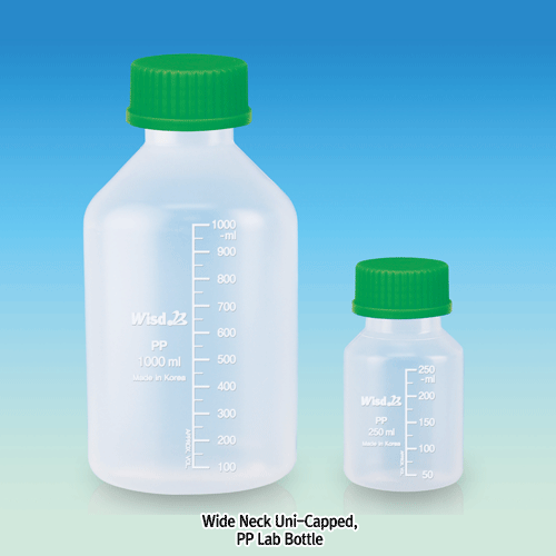WisdTM “Leak-Proof” PTFE/Butyl Septa-sealed PP MeasureTM Lab Bottle, with DIN/GL Universal Cap, 100~5,000㎖<br>Precisely Graduated, Excellent for Sealing & Chemical Resistance, Transparent, 125/140℃ Stable, Autoclavable, “리크프루프” PP 랩바틀, 정밀눈금