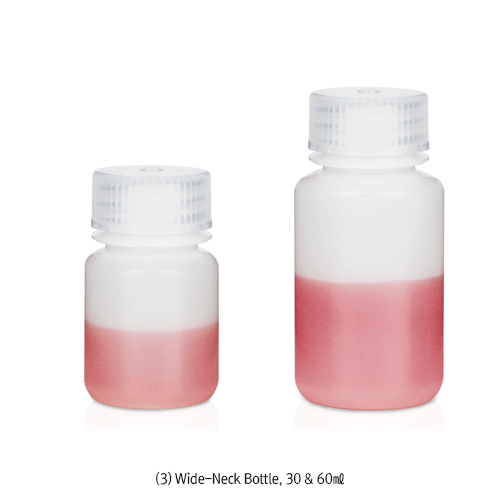 4~60㎖ HDPE Mini Lab Bottle, Narrow-& Wide-Neck, Excellent for Sealing with Inner Thread<br>Good Chemical Resistance, 105/120℃ Stable, Non-Autoclavable, HDPE 미니바틀