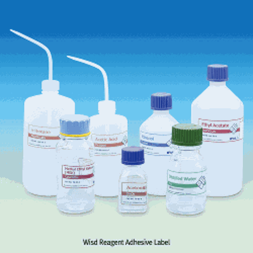 WisdTM Reagent Label Sticker, for Wash- or Reagent- Bottle, Transparent, with 4 Colors, L125×h45mm<br>With White Marking Area, Printed Reagent Names & Molecular Formula & CAS Number and NFPA, 시약명 투명 접착라벨