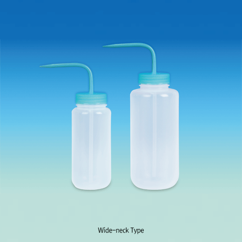 SciLab® LDPE Narrow & Wide-neck Wash Bottle, Transparent, 250~1,000㎖<br>With Colored Cap, Chemical & Solvent Resistant, -50℃+80/90℃, LDPE 세구 & 광구 세척병
