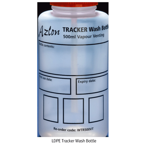 Azlon® LDPE Tracker Wash Bottle, Traceability, Write-On, Wipe-Off Panel, 250 & 500㎖<br>With Vented Cap, Ideal for Clinical, Hospital & Lab., -50℃+80/90℃, 트래커 세척병