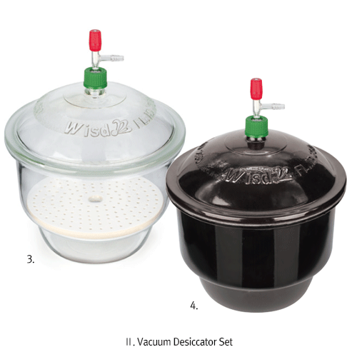 WisdTM Functional Glass Desiccator Set for General-purpose and Vacuum-use, with Compatible Lid & Plate, id.Φ150~Φ300mm<br>With or Without Interchangeable PTFE Needle-valve Stopcock, Clear & Amber, 기능성 유리 데시케이터 세트, 일반용 & 진공용 호환, 투명 & 갈색