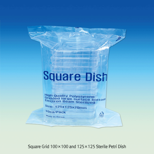 Square Grid 100×100 and 125×125 Sterile Petri Dish, PS<br>Made of Crystal Clear Polystyrene(PS), Disposable, 눈금 4각 멸균 페트리디쉬