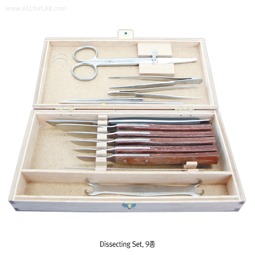 Hammacher® Premium Dissecting Set, Rustproof Stainless-steel, “HSO121.00” & “HSO120.00”<br>For Advanced Researchers, 5- & 8-Instrument in Wooden Case, <Germany-Made> 프리미엄 해부기 세트, 독일제, 비부식