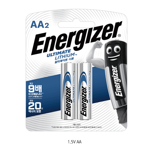 Energizer® Ultimate LithiumTM Anti-Freezing Dry-Cell, Performs in Temp -40℃+60℃, 1.5V<br>Ideal for Low Temperature Environment, Hold Power for Up to 20 years in Storage, 극저온용 리튬건전지