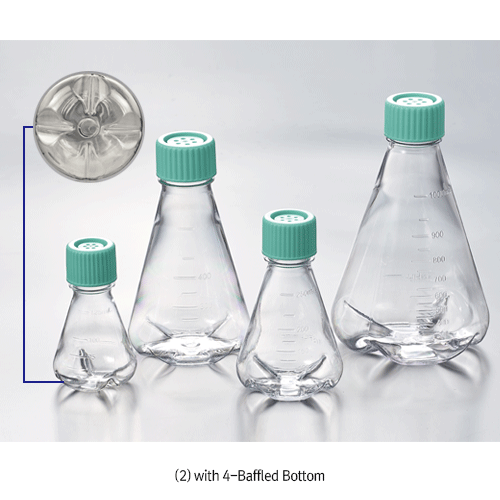 Biofil® 125~5,000㎖ PC Culture Media Erlenmeyer Flask, Plain & Baffled Bottom, with Standard or Vented Cap, Sterile<br>Ideal for Cell Culture, Accurate Graduation, Individually Packing, -100℃+135/140℃, 개별 멸균 PC 컬처 플라스크