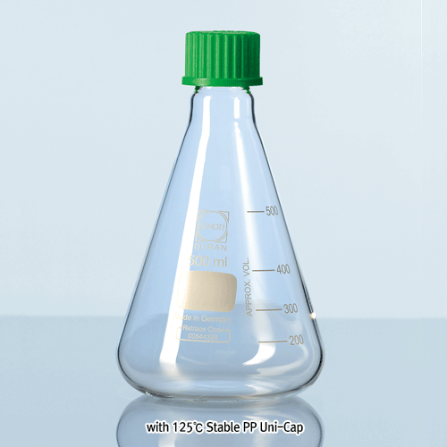 SciLab® Premium DIN GL Screwcapped DURAN-glass Erlenmeyer Flask, 50~5,000㎖<br>Ideal for Storage, Media and Cultivation, Boro-glass 3.3, GL-25·32·45, Autoclavable, 스크류캡 삼각플라스크